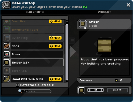 The basic crafting window